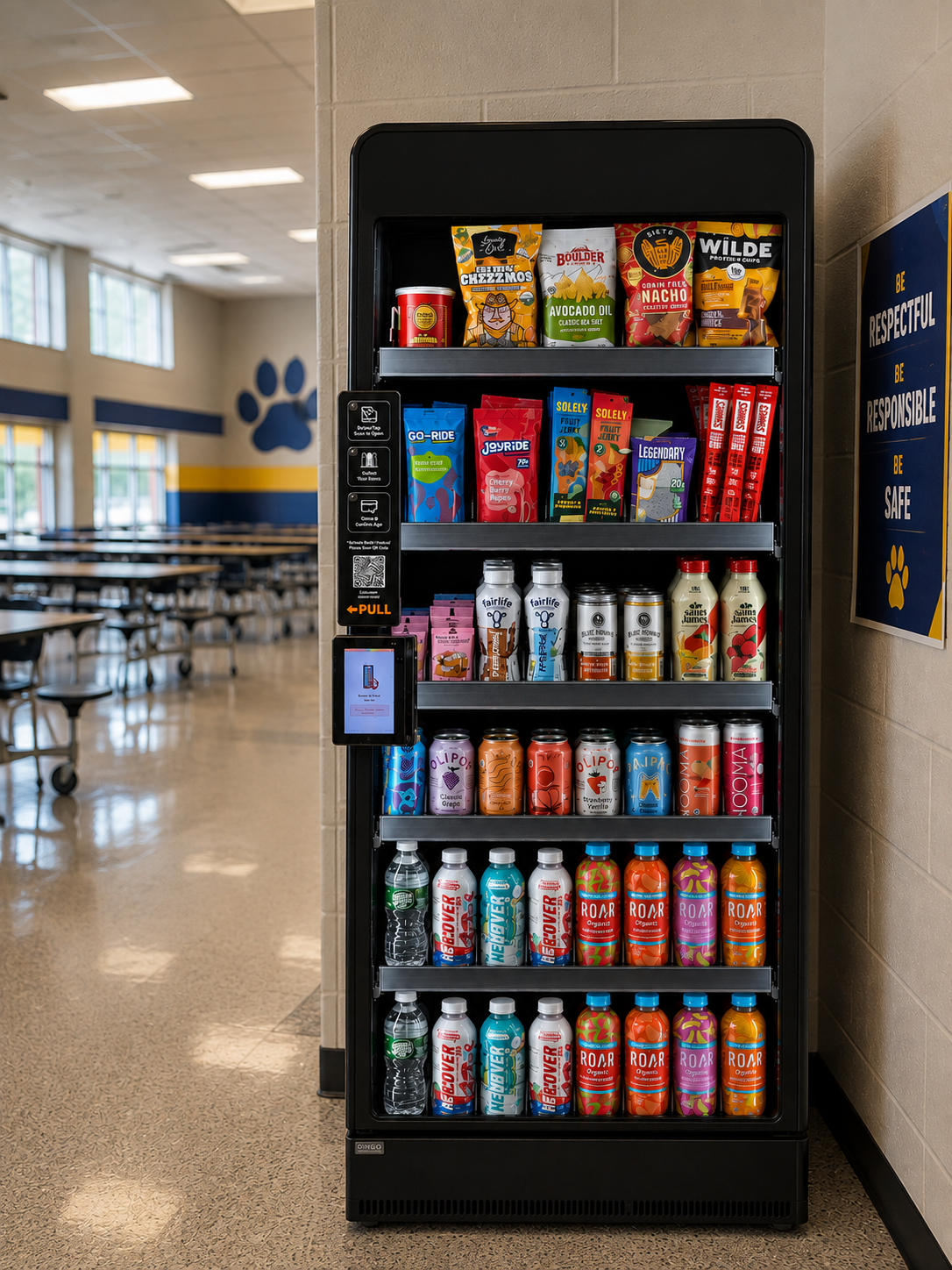A Good Grab vending machine stocked with dye-free snacks and drinks in a school cafeteria